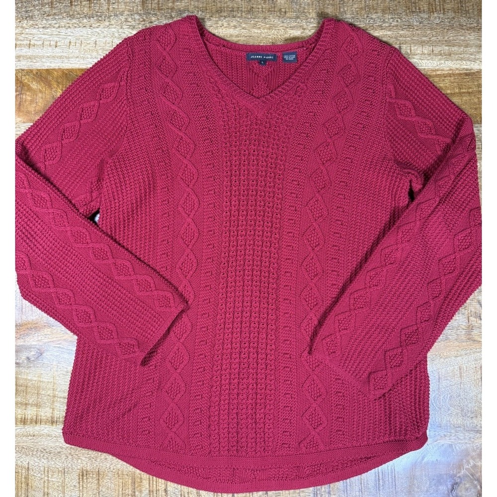Jeanne Pierre Womens L Red 100% Cotton Cable Knit Sweater V Neck Cottage